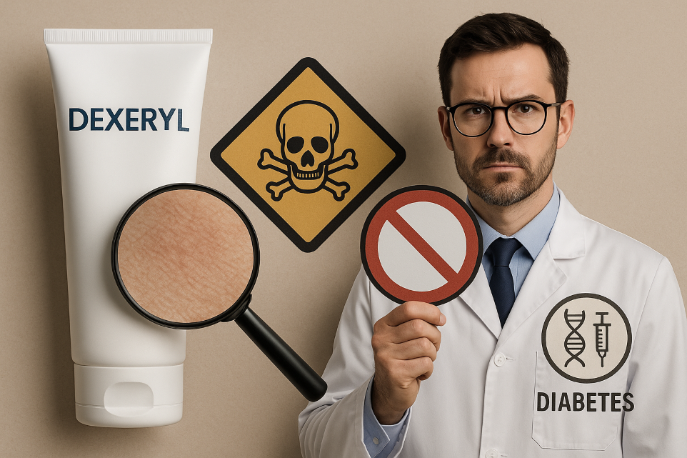 Analyse scientifique Dexeryl cancérigène : tube de Dexeryl, symbole de danger et peau diabétique examinée
