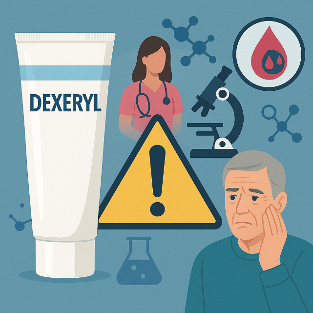 Dexeryl cancérigène – tube de crème Dexeryl avec icône de mise en garde et symboles scientifiques